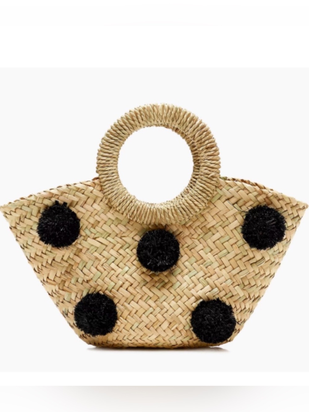J. Crew Natural Straw Tote with Black Pom-Pom Details
